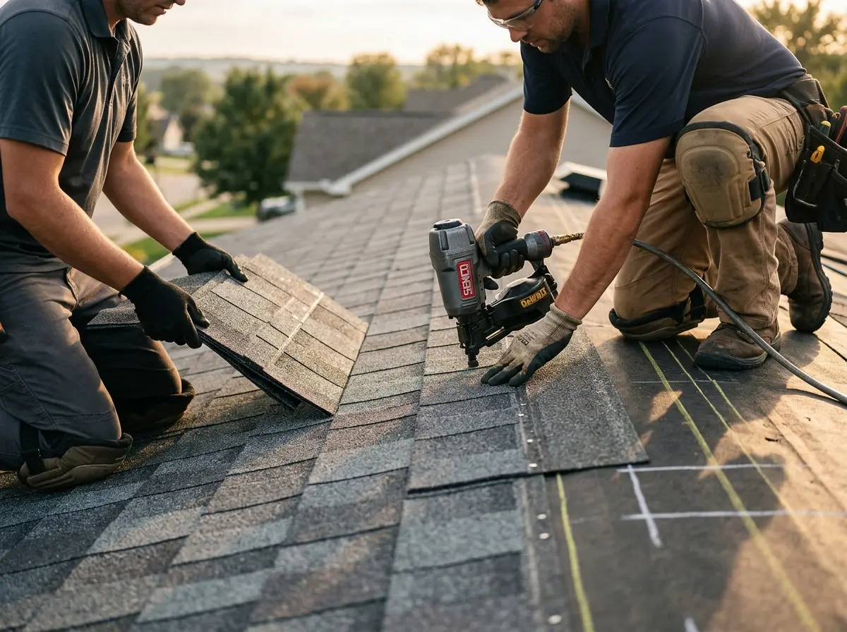 Professional roofer working on a residential roof in Oelwein